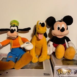 Mickey, Goofy, and Pluto stuffies + Toy Story Bag
